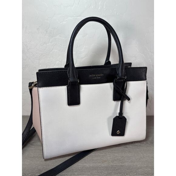 Kate Spade Cameron Medium Satchel Shoulder Tote Bag White Taupe Black Leather - Picture 1 of 8